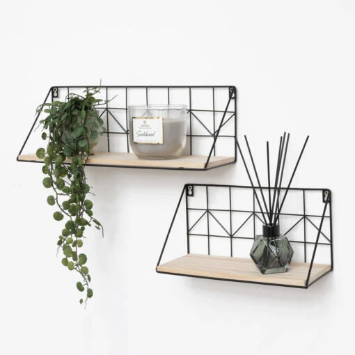 Set Van 2 Zwarte Metalen Wandrekjes Met Houten Plankje - 30 En 45 Cm